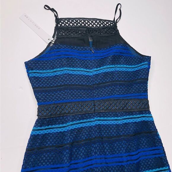 Adelyn Rae Blue Black Lace Illusion Dress Size (M), Fine Crochet Ruffle NWT - Picture 9 of 14